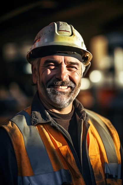 Un ouvrier mûr souriant sur un chantier de construction