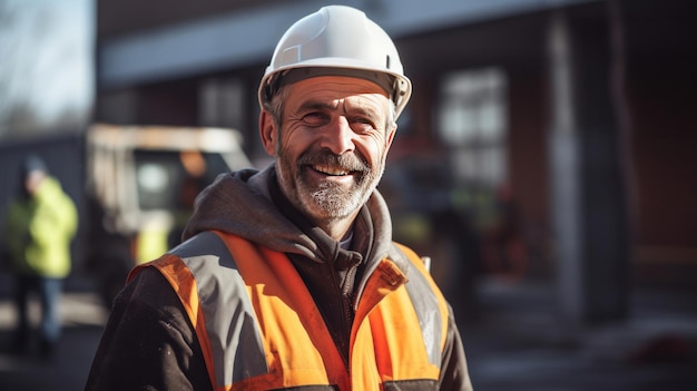 Un ouvrier mûr souriant sur un chantier de construction