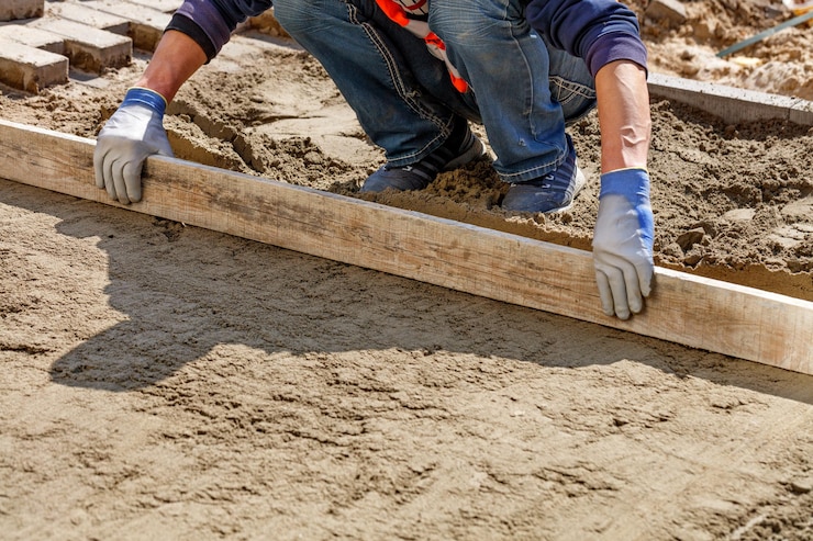 Photo l'ouvrier nettoie et nivele la base de sable avec une planche de bois pour la pose lisse ultérieure