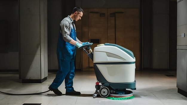 Un ouvrier nettoie le sol avec l'image d'une machine de nettoyage