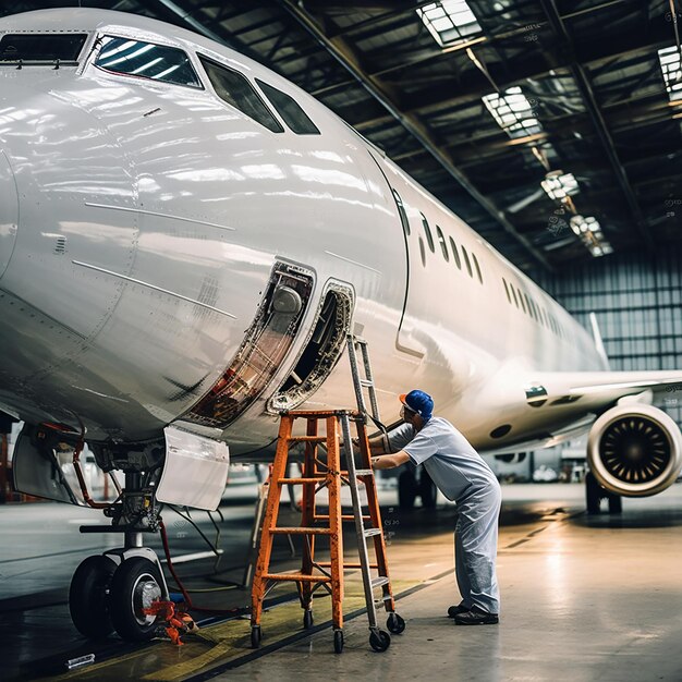 Un ouvrier peint un avion à l'intérieur d'un grand hangar