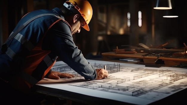 L'ouvrier planifie la construction en regardant les dessins sur la table