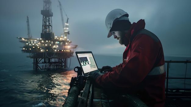 Un ouvrier d'une plate-forme pétrolière inspecte les opérations sur un ordinateur portable au crépuscule Scène marine industrielle Capture de la technologie moderne du secteur de l'énergie Rencontre avec le travail manuel AI