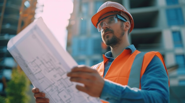 Photo un ouvrier portant un casque examine le plan sur un chantier de construction