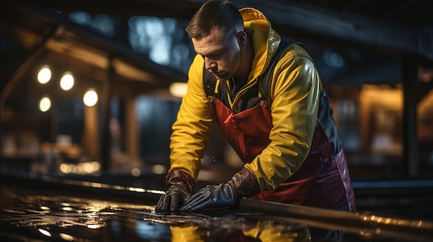 ouvrier portant un masque de protection et des gants travaillant avec un coupe-acier à l'usine