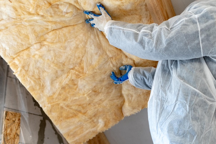 Photo ouvrier professionnel installant de la laine de roche d'isolation thermique sous le toit