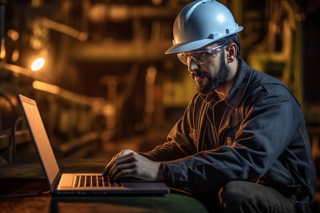 Un ouvrier d'une raffinerie de pétrole utilise un ordinateur portable pour l'entretien