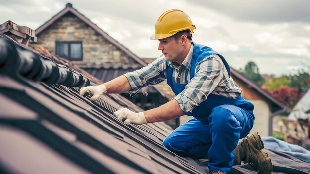 Un ouvrier révise le toit d'un immeuble d'habitation