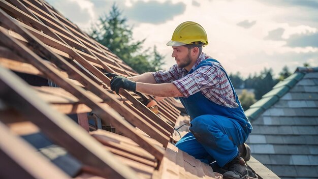 Un ouvrier révise le toit d'un immeuble d'habitation