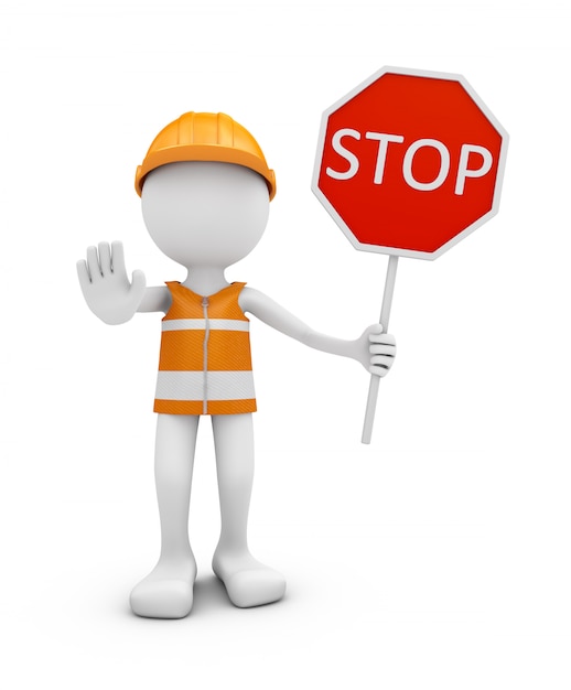 Ouvrier routier avec casque et panneau de signalisation STOP.