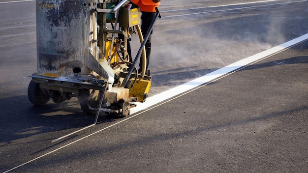 Ouvrier routier avec machine de marquage par pulvérisation thermoplastique peignant la ligne blanche de la circulation sur la route goudronnée