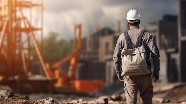 Un ouvrier avec des sacs de ciment sur l'épaule sur le chantier