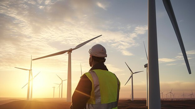 un ouvrier se tient devant des éoliennes au coucher du soleil