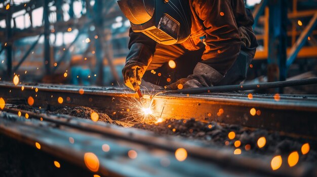 un ouvrier soudant du métal sur une voie d'acier