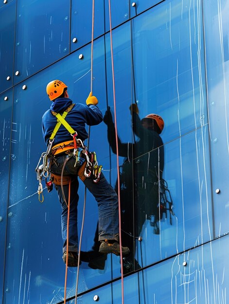 Photo un ouvrier en tenue de sécurité nettoie une façade en verre d'un gratte-ciel