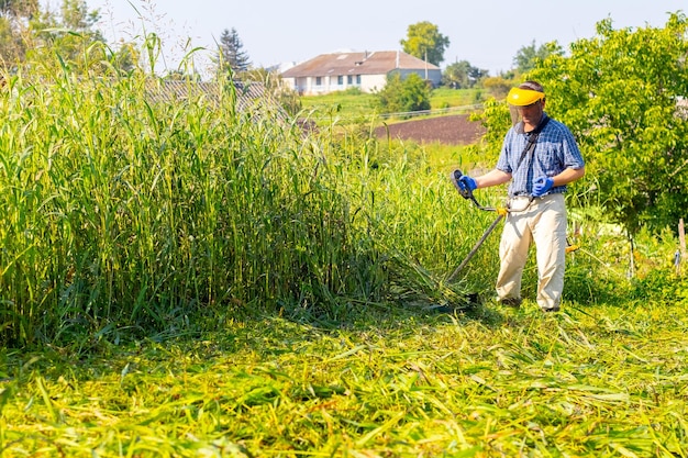 Un ouvrier tond les hautes herbes avec une tondeuse électrique