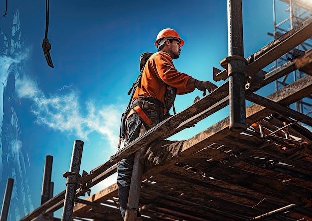 Un ouvrier travaillant sur un chantier de construction capturé sous un angle faible pour souligner l'imposant