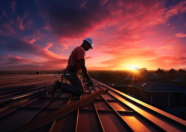 Un ouvrier travaillant sur un toit sous un ciel coucher de soleil coloré capturé dans une perspective grand angle