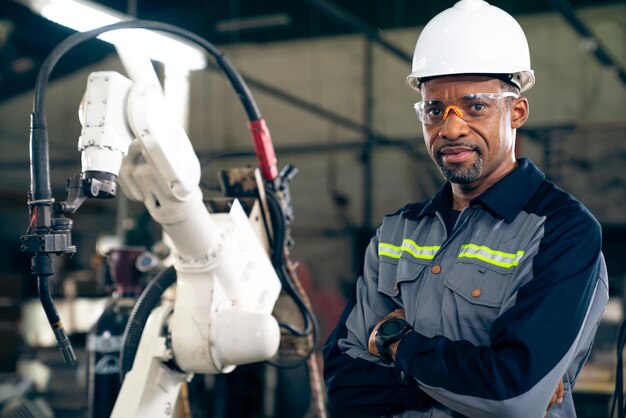 Ouvrier d'usine afro-américain travaillant avec un bras robotique adepte