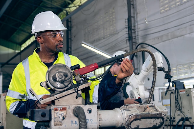 Ouvrier d'usine afro-américain travaillant avec un bras robotique adepte