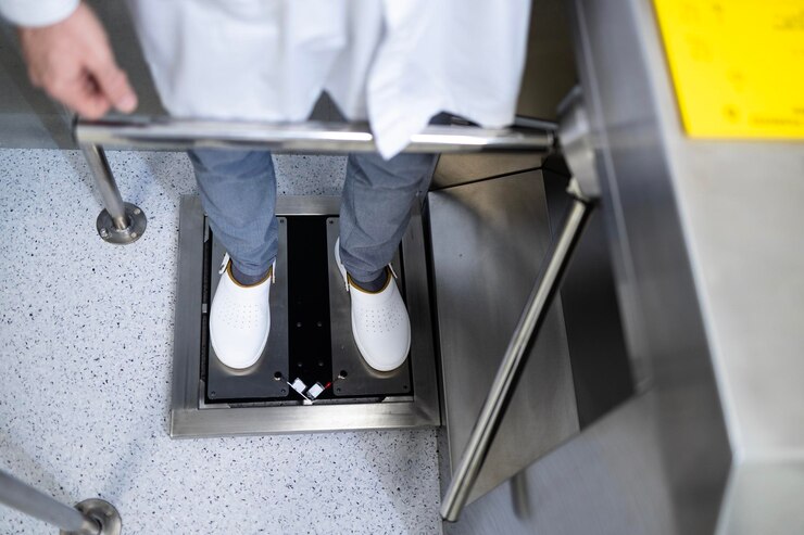 Un ouvrier d'usine debout sur un instrument antistatique déchargeant de l'électricité avant d'entrer en production