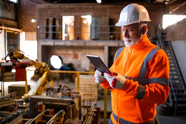 Ouvrier d'usine debout près des machines de production et vérifiant les résultats de fabrication sur une tablette