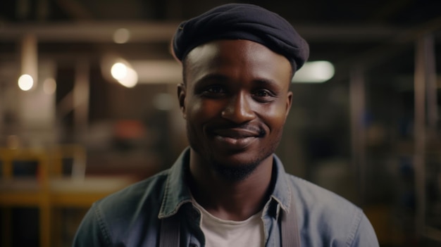 Un ouvrier d'usine électronique africain souriant debout dans l'usine