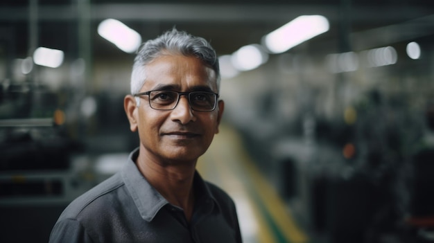 Un ouvrier d'usine électronique indien senior souriant debout dans l'usine