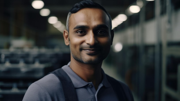 Un ouvrier d'usine électronique indien souriant debout dans l'usine