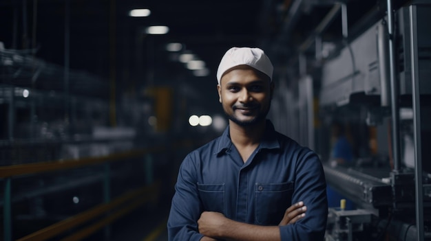 Un ouvrier d'usine électronique indien souriant debout dans l'usine