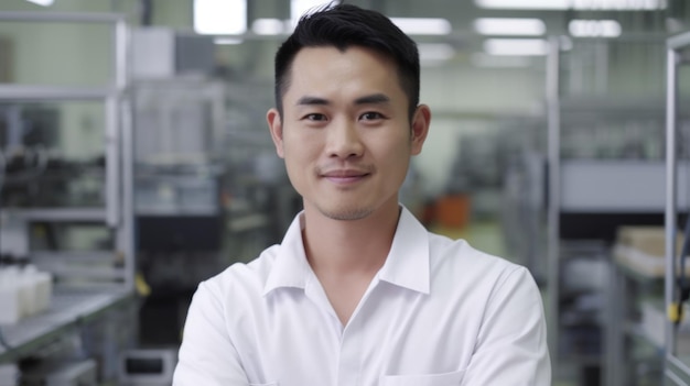 Un ouvrier d'usine électronique masculin chinois souriant debout dans l'usine