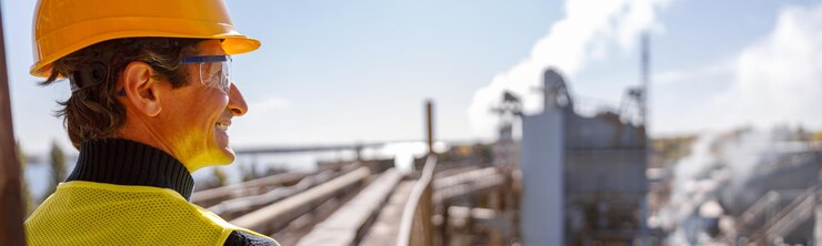 Ouvrier d'usine homme joyeux debout à l'extérieur sur le site industriel