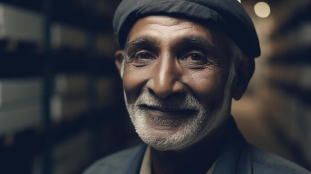 Un ouvrier d'usine indien senior souriant debout dans un entrepôt