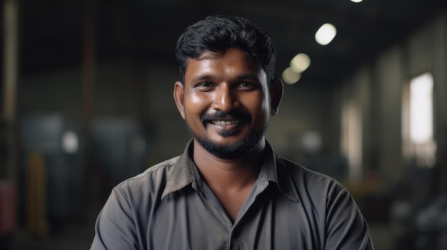 Un ouvrier d'usine indien souriant debout dans une usine de tôles