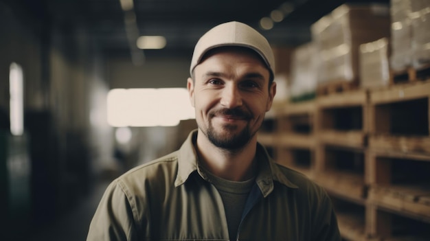 Un ouvrier d'usine suédois souriant debout dans un entrepôt