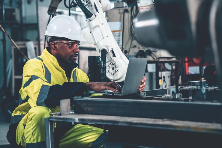 Photo ouvrier d'usine travaillant avec un ordinateur portable pour faire une liste de contrôle de procédure adepte