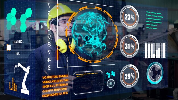 Un ouvrier d'usine utilise un futur écran holographique pour contrôler la fabrication