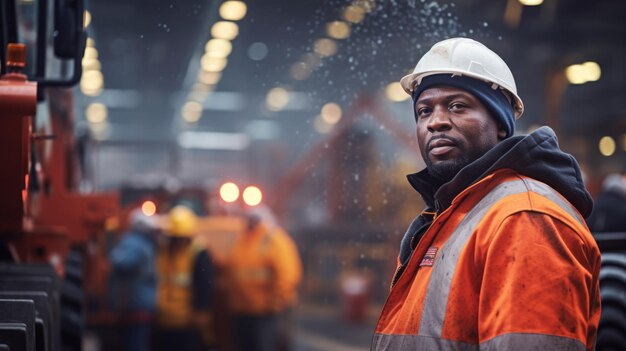 Un ouvrier d'usine vêtu d'un casque et d'une veste orange