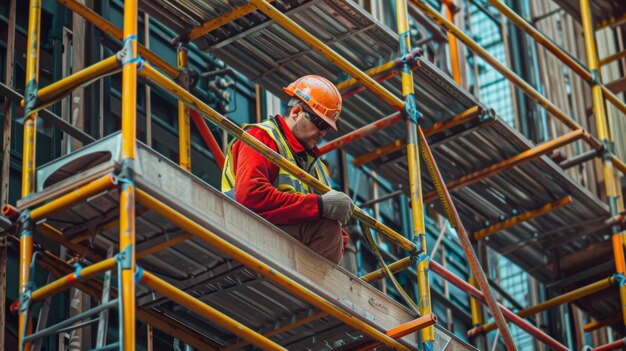 Photo un ouvrier utilisant un ruban à mesurer sur un échafaudage pour assurer la précision de la construction de l'échaffaudage