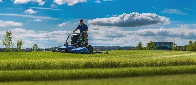 Photo un ouvrier utilisant une tondeuse à gazon travaille sur un terrain de golf avec un ciel bleu vif