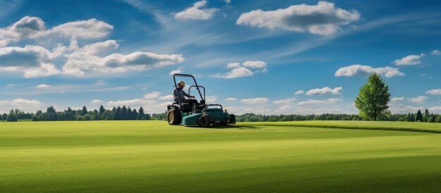 Un ouvrier utilisant une tondeuse à gazon travaille sur un terrain de golf avec un ciel bleu vif