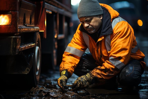 Un ouvrier vérifie le niveau d'huile du moteur d'un camion de décharge