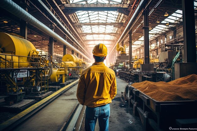 Ouvrier en veste jaune d'usine et jeans bleus