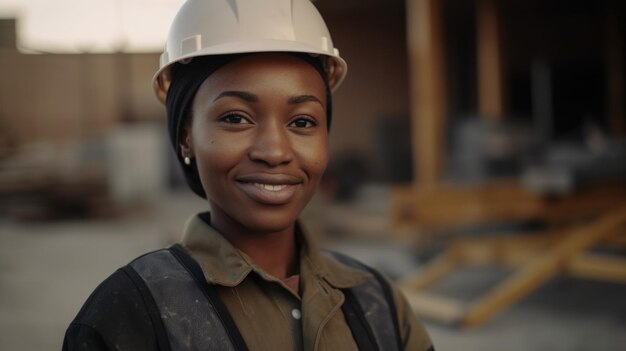 Une ouvrière africaine souriante debout sur un chantier de construction