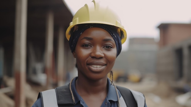 Une ouvrière africaine souriante debout sur un chantier de construction