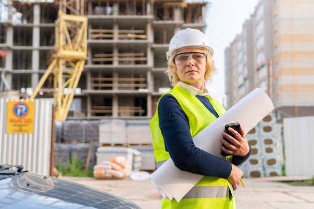 Une ouvrière sur un chantier de construction travaille et contrôle le processus