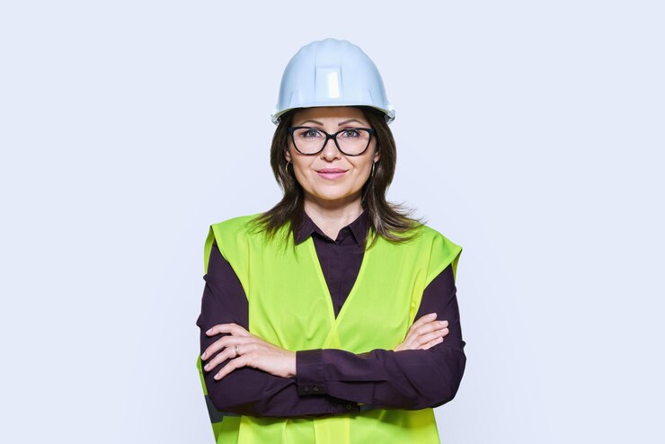 Ouvrière de la construction industrielle féminine en gilet de sécurité sur fond blanc