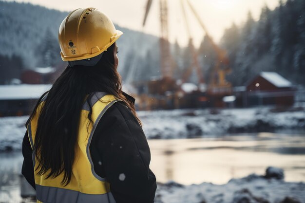 Une ouvrière de la construction regarde une grue sur la neige