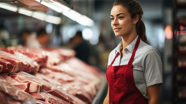 une ouvrière debout devant une étagère avec un boucher de viande crue travaillant dans une boucherie moderne