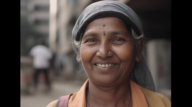 Une ouvrière indienne senior souriante debout sur un chantier de construction